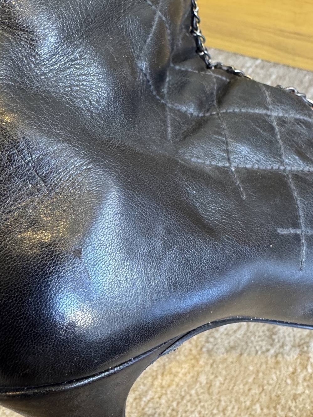 Chanel Black Quilted Leather Pointed-Toe Heeled Boots with Silver Chain Detail - Picture 13 of 16